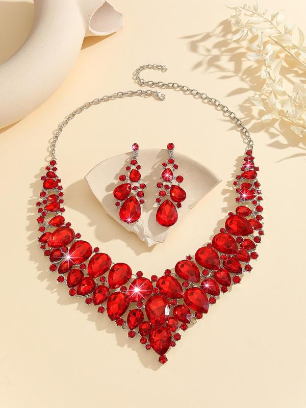 Women's Elegant Water Drop Shaped Artificial Crystal Decor Jewelry Set, Exquisite Trendy Pendant Necklace & Dangle Earrings, Chic Jewelry Set for Party Decor