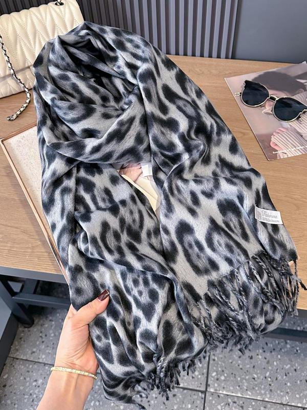 Women's Leopard Print Tassel Decor Scarf, Casual Soft Warm Shawl for Fall & Winter, Fashion Accessories for Daily Wear
