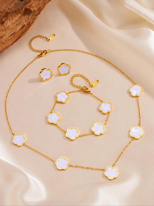 Flower Design Jewelry Set, Elegant Necklace & Bracelet & Stud Earrings, 2024 New Style Fashion Jewelry Accessories for Women As Gift Dainty Gift for Your Love