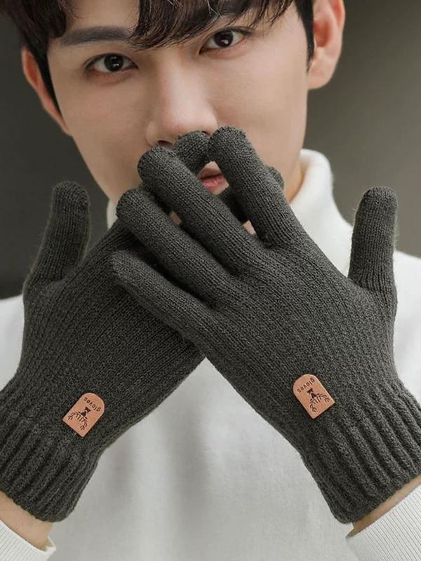 Men's Solid Color Knitted Gloves, Casual Trendy Warm Gloves for Outdoor Sports, Cycling, Campus, Fashionable Gloves for Men