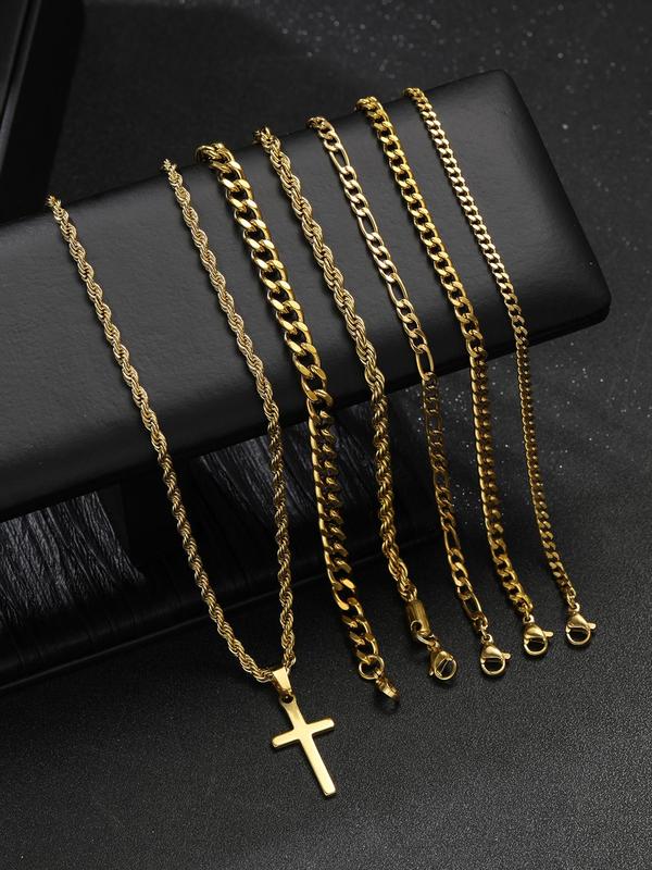 Men's Street Style Cross Pendant Necklace & Chain Bracelets, Casual Trendy Necklace & Bracelets, Fashionable Hip Hop Jewelry Set for Daily & Party Decor