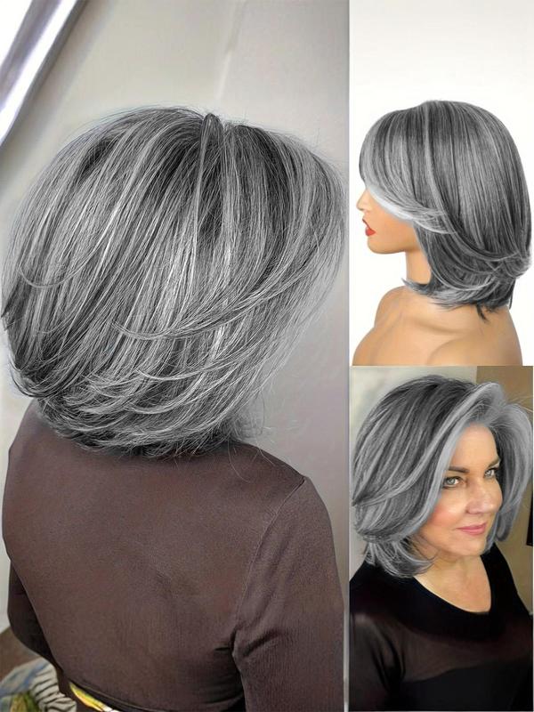 14 Inch Gray Short Bob Wigs for Women, Natural Looking Gorgeous Fluffy Wigs with Curtain Bangs, Synthetic Full Machine Wigs for Party Photography, Daily Use