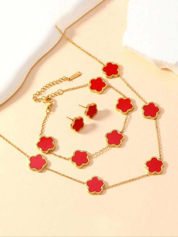 Flower Design Jewelry Set, Elegant Necklace & Bracelet & Stud Earrings, 2024 New Style Fashion Jewelry Accessories for Women As Gift Dainty Gift for Your Love