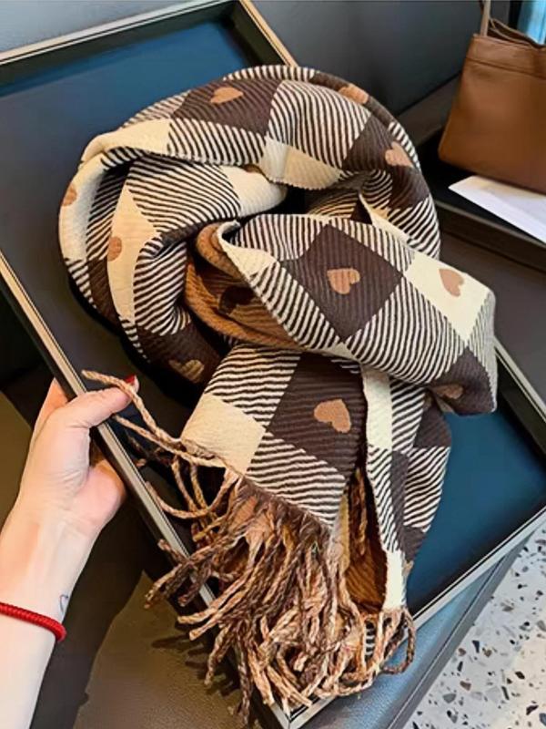 Plaid & Heart Pattern Tassel Design Scarf, Elegant Soft Warm Thick Shawl for Women & Men, Fashion Accessories for Fall & Winter