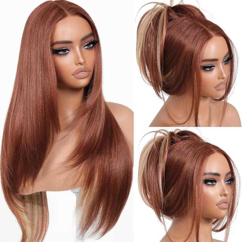 26 Inch Long Layered Straight Wigs for Women, Soft Ginger Highlights Wigs with Blunt Bangs, Synthetic Lace Front Wigs for Party, Daily Use Hairstyle, Christmas Gift