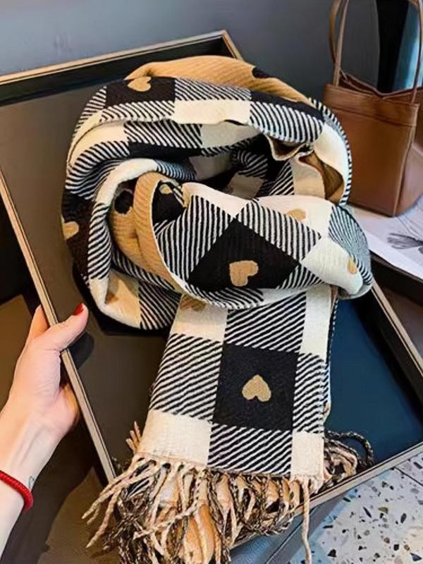 Plaid & Heart Pattern Tassel Design Scarf, Elegant Soft Warm Thick Shawl for Women & Men, Fashion Accessories for Fall & Winter