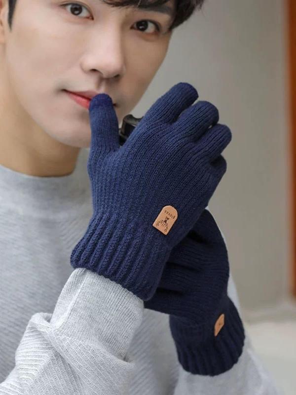 Men's Solid Color Knitted Gloves, Casual Trendy Warm Gloves for Outdoor Sports, Cycling, Campus, Fashionable Gloves for Men