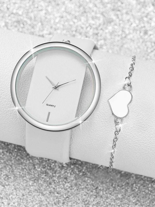 Elegant Round Dial Wristwatch & Heart Charm Bracelet, Trendy All-match Transparent Watch & Chain Bracelet, Fashionable Watch Set As Gift for Girlfriend without Box
