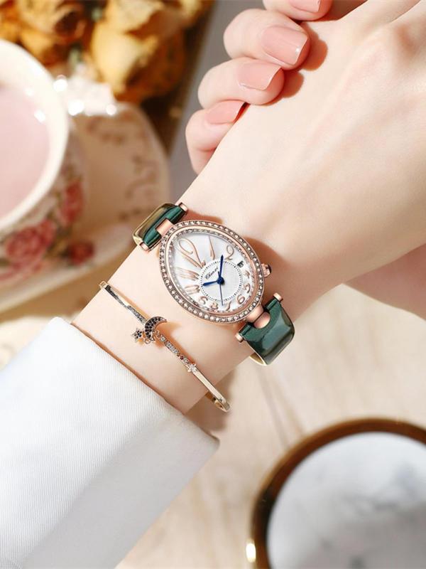 Women's Elegant Oval Shaped Quartz Watch, Exquisite Trendy Wristwatch, Fashionable Watch for Women As Gift with Box