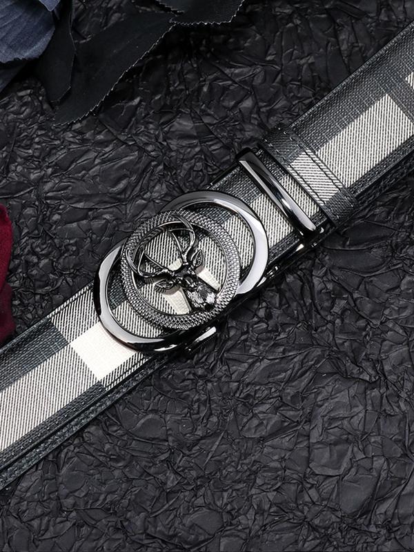 Men's Business Fashion Plaid Pattern Deer Head Design Automatic Buckle Belt, Casual Waistband for Jeans Trousers, Fashion Belt for Party, Trendy All-match & Exquisite Belt for Gift