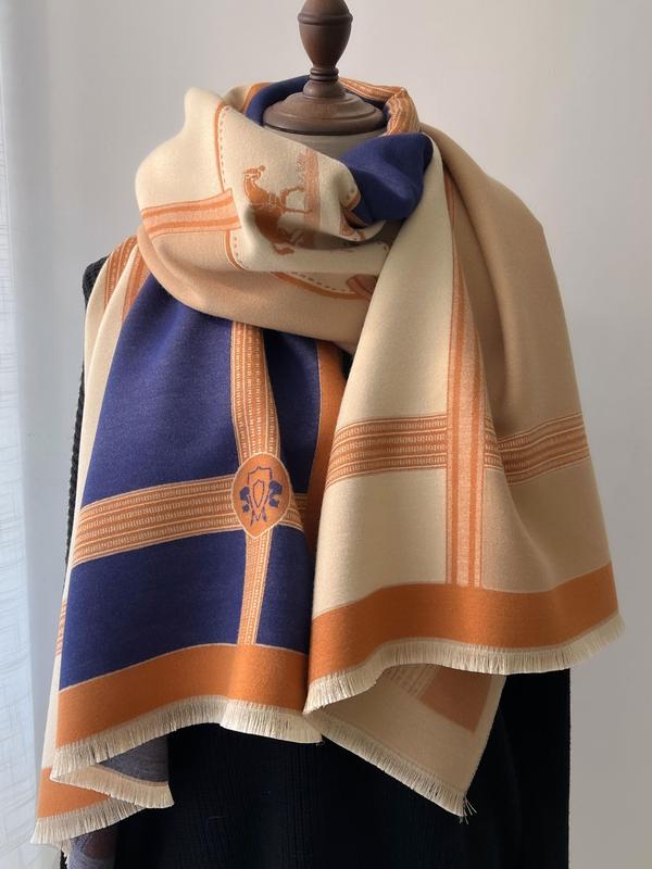 Boho Style Horse Pattern Fringe Trim Design Scarf, Casual Soft Warm Shawl for Fall & Winter, Fashion Accessories for Women & Girls