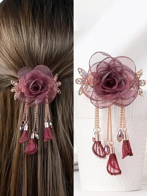 Elegant Style Chain Tassel Decor & Mesh Rose Design Hair Claw Clip, Rose Hair Claw, Fashion Hair Styling Accessories Perfect For Women & Girls