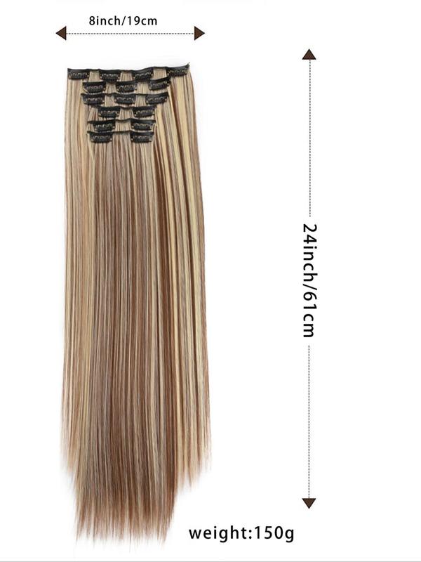 24 Inch Natural Plain Long Straight Synthetic Hair Extension, 6 Counts Clip-in Hair Extensions, Summer Trendy Matching Natural Wig Piece for Party, Club