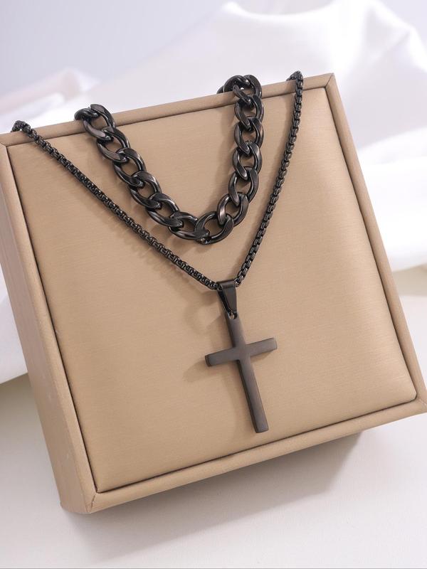 Punk Style Cuban Chain Bracelet & Cross Pendant Necklace, Stainless Steel Jewelry Set for Party, Daily  Decor, Trendy  Exquisite Jewelry for Birthday Gift