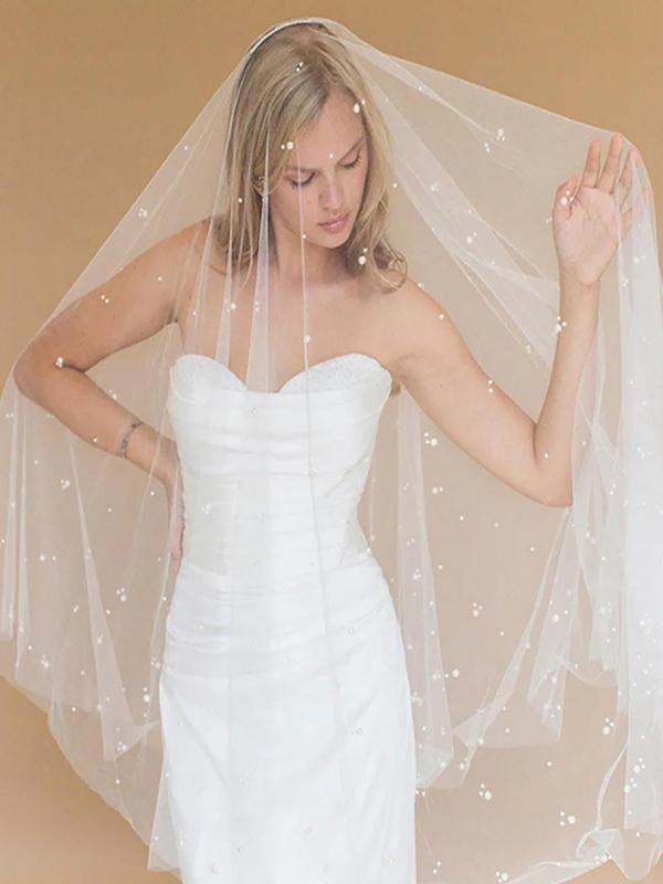 Luxury Design Faux Pearl Decorated Mesh Veil, Elegant Bridal Veil for Wedding Bridal Party Formal Occasions, Minimalist Headwear for Wedding Party