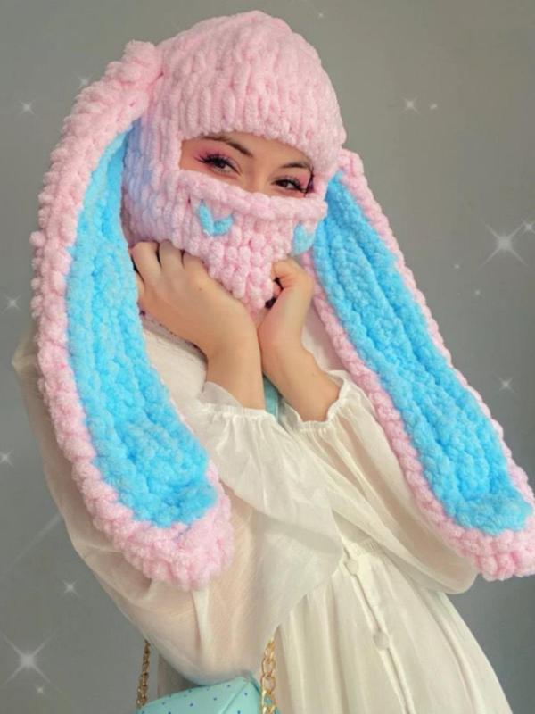Women's Cute Rabbit Ear Design Beanie Hat, Casual Street Soft Thick Warm Knit Hat for Fall & Winter, Fashion Accessories for Women & Girls