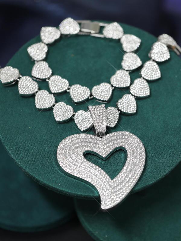 Women's Elegant Rhinestone Decorated Heart Design Necklace & Bracelet, Exquisite Trendy Jewelry Set, Fashionable Accessories for Women & Girls