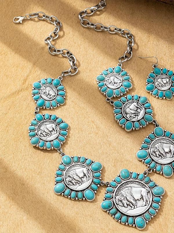 Boho Style Turquoise Texture Decorated Jewelry Set, Vintage Fashion Necklace & Dangle Earrings, Trendy All-match & Exquisite Jewelry Set for Birthday Gift