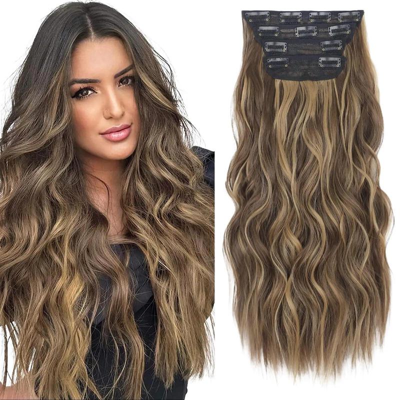 AISI HAIR Wavy Synthetic Hair Extensions for Women - 4PCS Clips in 20 24 inches, Thick Hairpieces for Girls