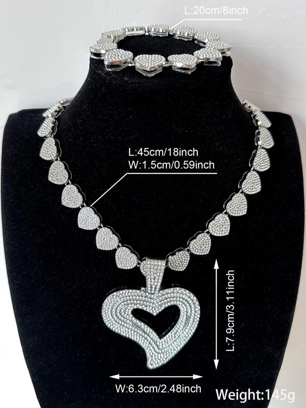 Women's Elegant Rhinestone Decorated Heart Design Necklace & Bracelet, Exquisite Trendy Jewelry Set, Fashionable Accessories for Women & Girls