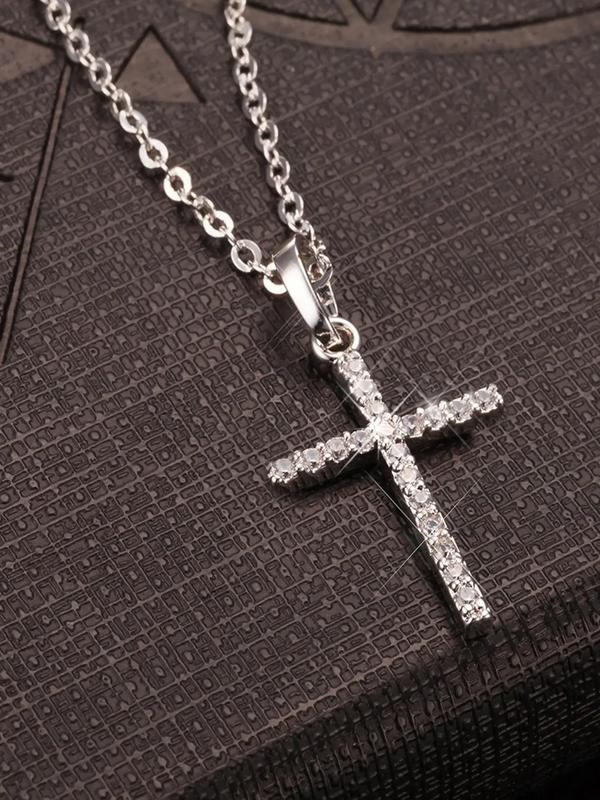 Minimalist Matching Cross Pendant Necklace for Men, Rhinestone Decor Chain Mexican Necklaces, Fashion Grunge Necklaces Jewelry for Party & Daily Clothing Decor
