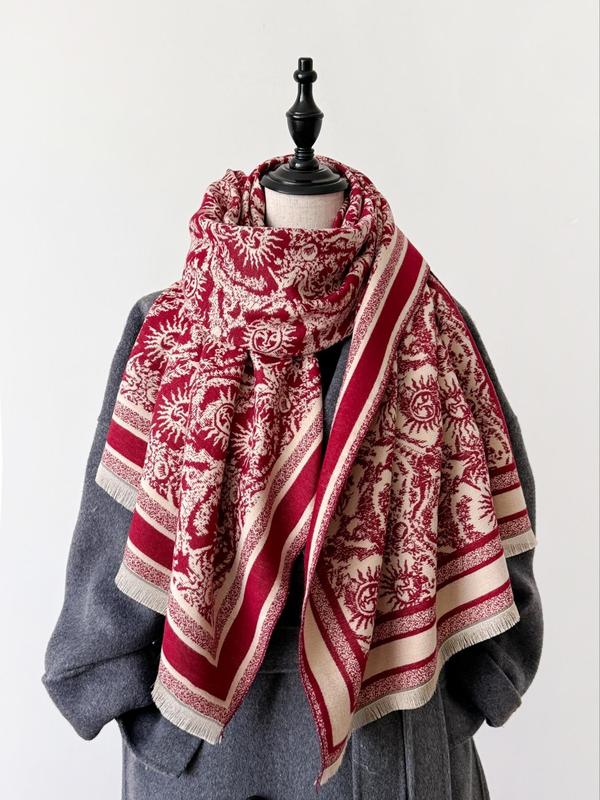 Women's Sun Pattern Raw Trim Jacquard Shawl, Imitation Cashmere Scarf, Casual Soft Warm Shawl for Fall & Winter, Fashion Accessories for Daily Wear