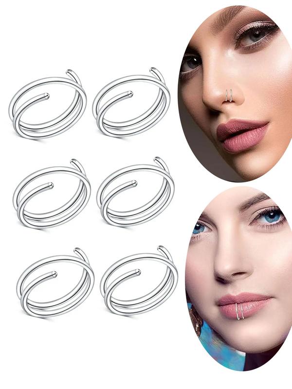 Stainless Steel Simple Nose Rings, 6pcs Casual Punk Style Hoop Nose Ring, Trendy Minimalist Nose Piercing Jewelry, Matching Body Jewelry for Men & Women