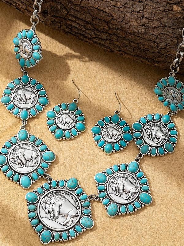 Boho Style Turquoise Texture Decorated Jewelry Set, Vintage Fashion Necklace & Dangle Earrings, Trendy All-match & Exquisite Jewelry Set for Birthday Gift