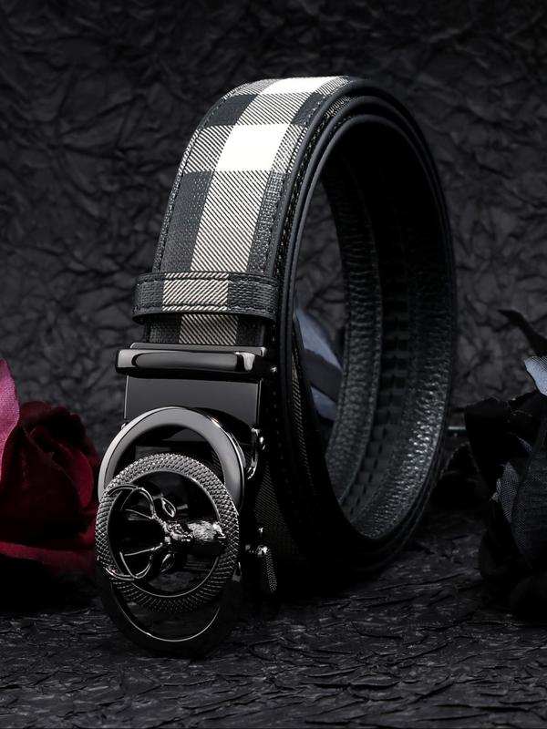 Men's Business Fashion Plaid Pattern Deer Head Design Automatic Buckle Belt, Casual Waistband for Jeans Trousers, Fashion Belt for Party, Trendy All-match & Exquisite Belt for Gift