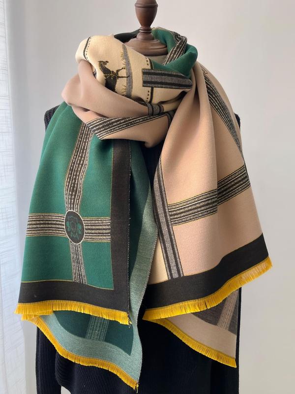 Boho Style Horse Pattern Fringe Trim Design Scarf, Casual Soft Warm Shawl for Fall & Winter, Fashion Accessories for Women & Girls