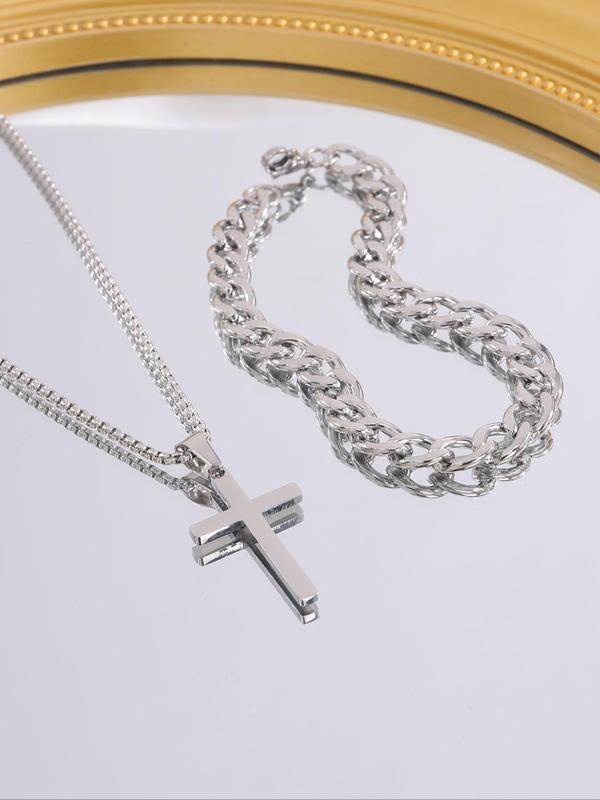 Punk Style Cuban Chain Bracelet & Cross Pendant Necklace, Stainless Steel Jewelry Set for Party, Daily  Decor, Trendy  Exquisite Jewelry for Birthday Gift