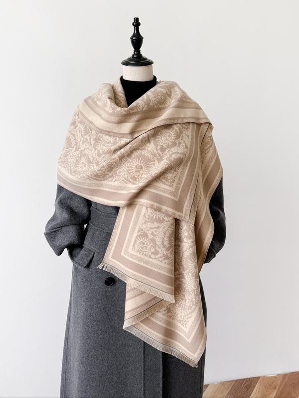 Women's Sun Pattern Raw Trim Jacquard Shawl, Imitation Cashmere Scarf, Casual Soft Warm Shawl for Fall & Winter, Fashion Accessories for Daily Wear