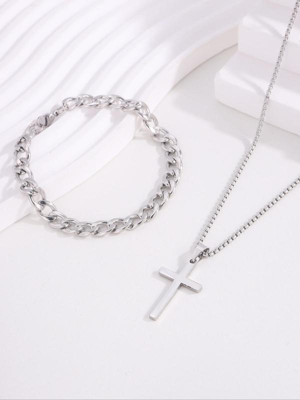 Punk Style Cuban Chain Bracelet & Cross Pendant Necklace, Stainless Steel Jewelry Set for Party, Daily  Decor, Trendy  Exquisite Jewelry for Birthday Gift