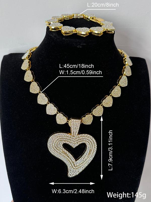 Women's Elegant Rhinestone Decorated Heart Design Necklace & Bracelet, Exquisite Trendy Jewelry Set, Fashionable Accessories for Women & Girls