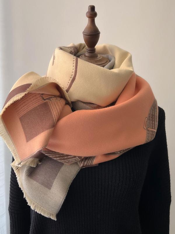 Boho Style Horse Pattern Fringe Trim Design Scarf, Casual Soft Warm Shawl for Fall & Winter, Fashion Accessories for Women & Girls