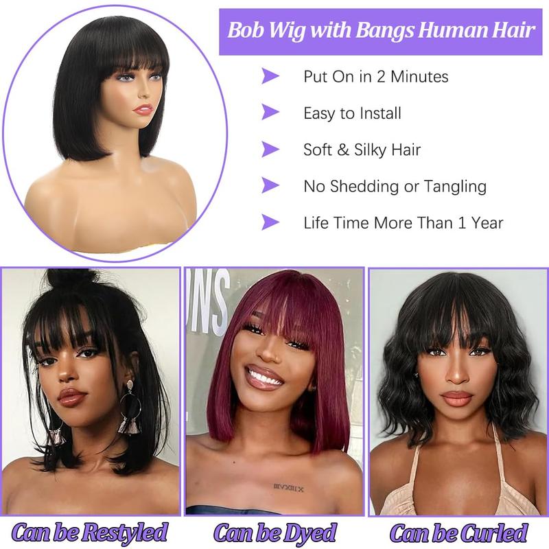 Clearance Msgem Hair Short BobWigs with Bangs Brazilian StraightHuman Hair Wigs 150% Density NoneLace Front Wigs Glueless MachineMade Bob Wigs for Black WomenNatural Color