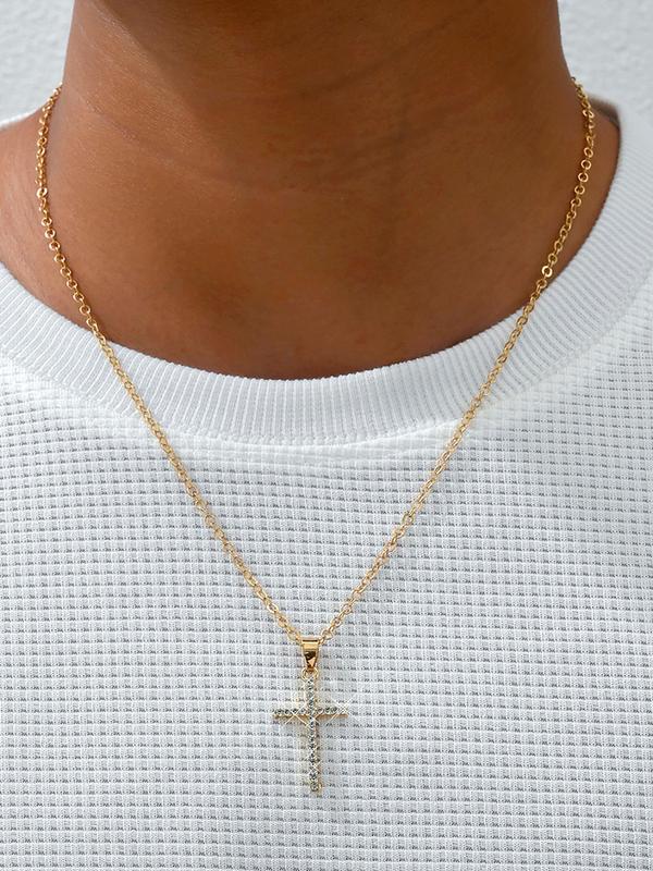 Minimalist Matching Cross Pendant Necklace for Men, Rhinestone Decor Chain Mexican Necklaces, Fashion Grunge Necklaces Jewelry for Party & Daily Clothing Decor