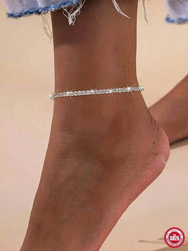 S925 Sterling Silver Summer Glitter Rhinestone Decor Anklet, Trendy All-match & Exquisite Foot Jewelry for Women & Girls for Party, Daily Clothing Decor
