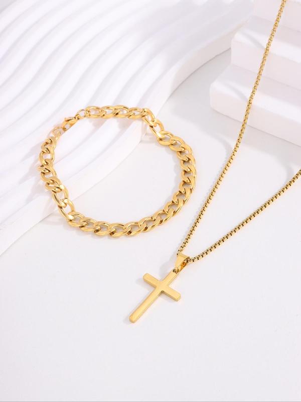 Punk Style Cuban Chain Bracelet & Cross Pendant Necklace, Stainless Steel Jewelry Set for Party, Daily  Decor, Trendy  Exquisite Jewelry for Birthday Gift