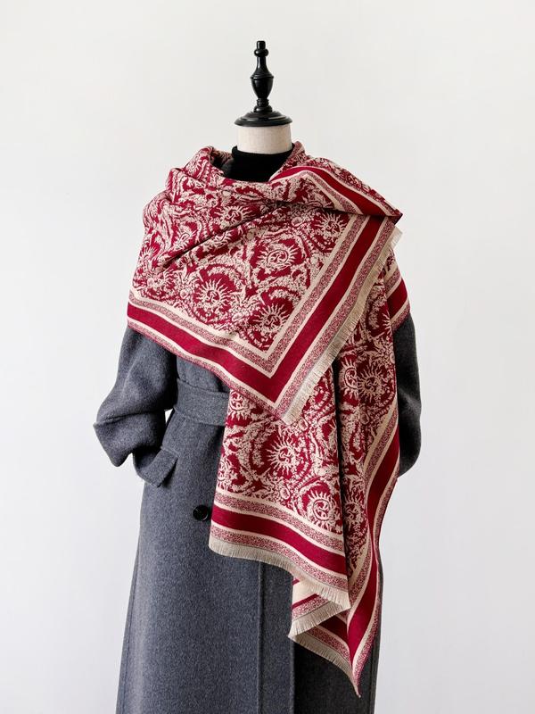 Women's Sun Pattern Raw Trim Jacquard Shawl, Imitation Cashmere Scarf, Casual Soft Warm Shawl for Fall & Winter, Fashion Accessories for Daily Wear