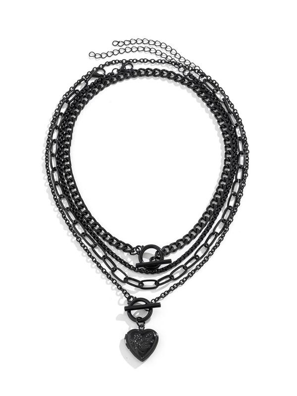 Women's Punk Style Heart Design Pendant Necklace & OT Buckle Chain Necklaces, 4 Counts Fashion Charm & Chain Necklaces, Trendy Goth Jewelry for Birthday Gift