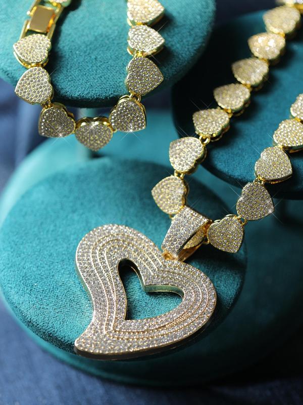 Women's Elegant Rhinestone Decorated Heart Design Necklace & Bracelet, Exquisite Trendy Jewelry Set, Fashionable Accessories for Women & Girls