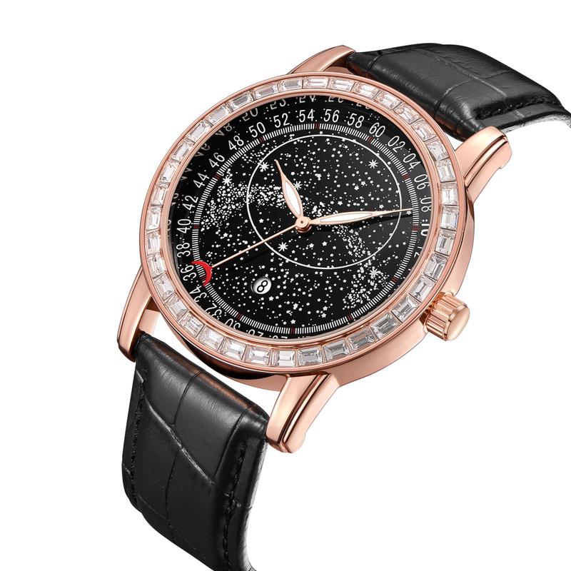 Men Fashion Watch Starry Dial Rose Gold Baguette Diamond Quartz Wrist Watch for Men Waterproof Leather Strap Analog Watches