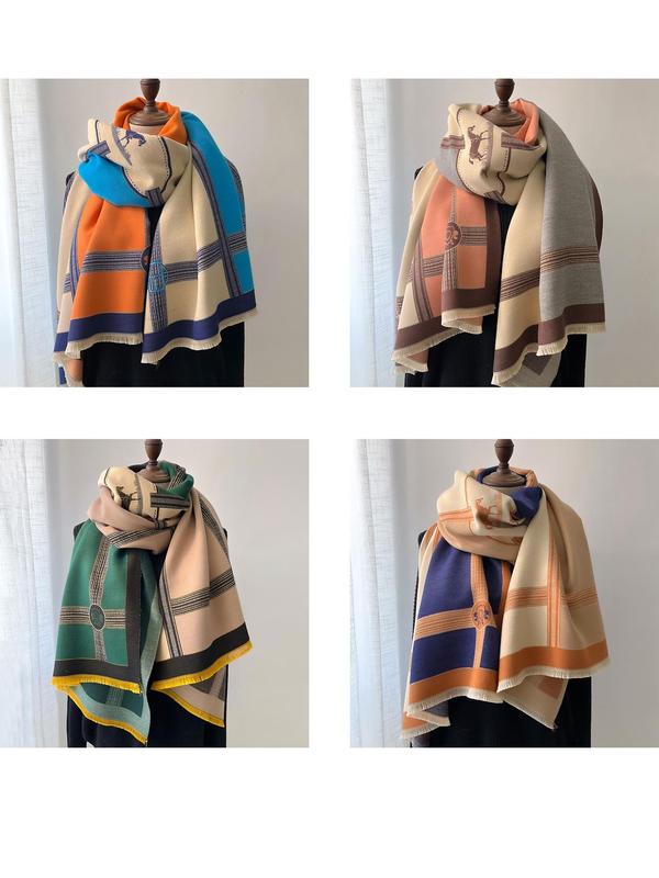 Boho Style Horse Pattern Fringe Trim Design Scarf, Casual Soft Warm Shawl for Fall & Winter, Fashion Accessories for Women & Girls