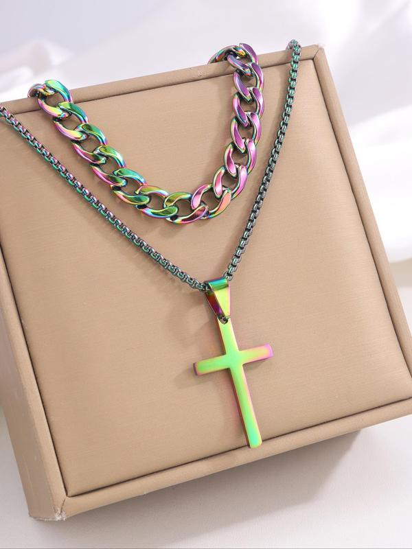 Punk Style Cuban Chain Bracelet & Cross Pendant Necklace, Stainless Steel Jewelry Set for Party, Daily  Decor, Trendy  Exquisite Jewelry for Birthday Gift