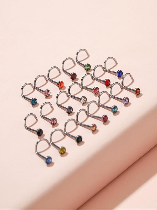 Rhinestone Decor Nose Ring (20pcs set), Punk Style Stainless Steel Nose Ring, Fashionable Body Jewelry for Men & Women