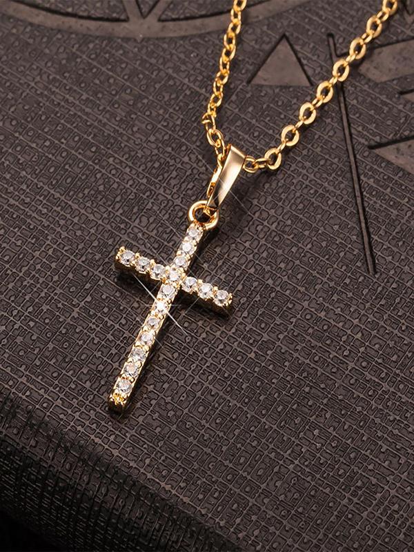 Minimalist Matching Cross Pendant Necklace for Men, Rhinestone Decor Chain Mexican Necklaces, Fashion Grunge Necklaces Jewelry for Party & Daily Clothing Decor