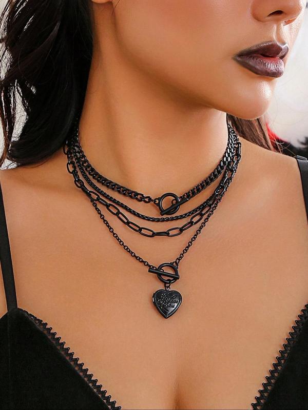 Women's Punk Style Heart Design Pendant Necklace & OT Buckle Chain Necklaces, 4 Counts Fashion Charm & Chain Necklaces, Trendy Goth Jewelry for Birthday Gift
