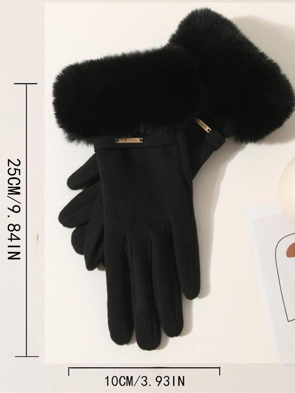 Women's Solid Color Contrast Faux Fur Design Gloves, Cute Warm Gloves for Fall & Winter, Fashion Accessories for Women & Girls