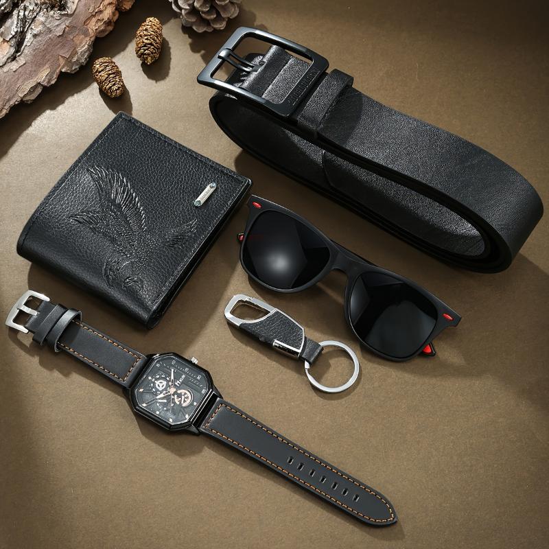 5-Piece Luxury Gift Set for Men - Belts with Quartz Watch, Premium Leather, Wallet, Glasses, and Keychain Accessory Box Stylish PU Panel, Alloy Buckle, Square Button, Perfect Holidays, Business Travel, Everyday Use